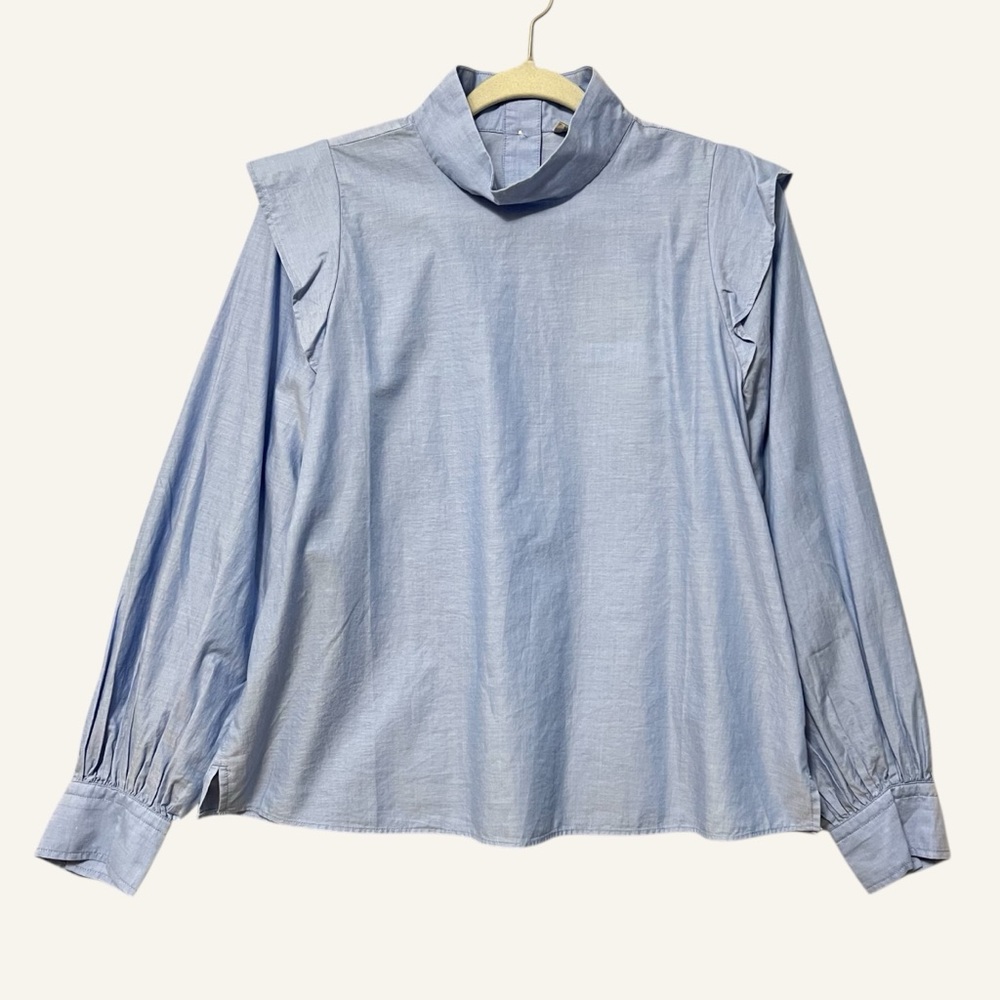 Everlane Ruffle Shoulder Mock Neck Blouse Top NWT Size 6 Light Blue Office